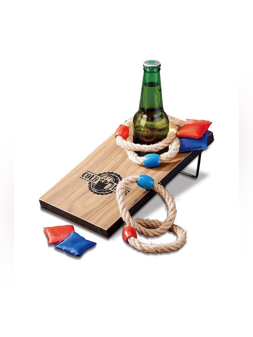 Cornhole Ring Toss Game Set - Natural Wood with Red & Blue Accents